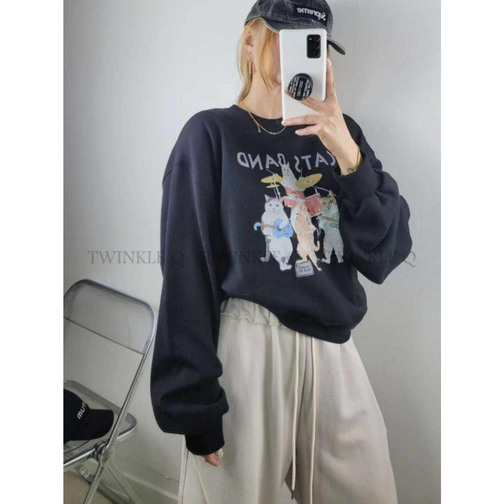 🎀TwinkleQ韓國代購-預購✈️東大門🔥南大門正韓 大學t 搖滾貓咪 圖案印花 寬鬆上衣 長袖t恤 長t 大學踢-細節圖5