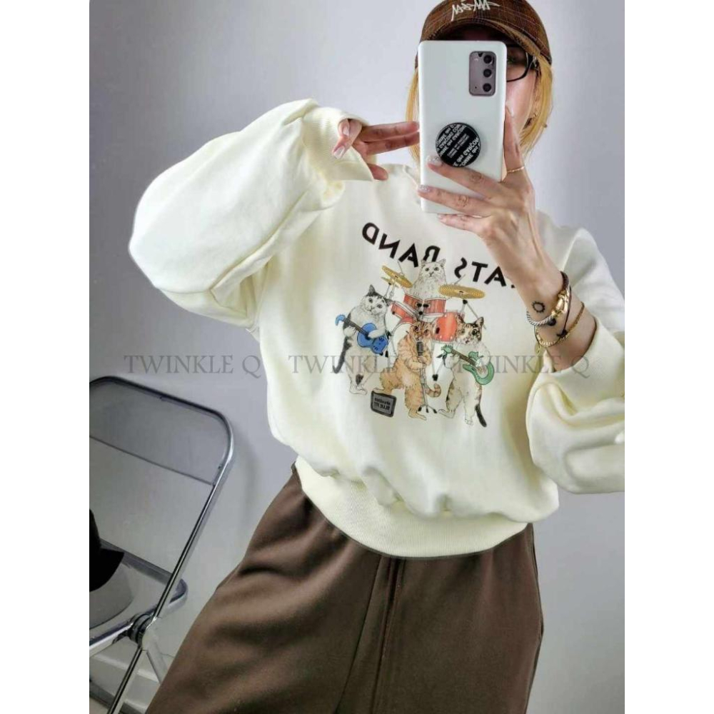 🎀TwinkleQ韓國代購-預購✈️東大門🔥南大門正韓 大學t 搖滾貓咪 圖案印花 寬鬆上衣 長袖t恤 長t 大學踢-細節圖6