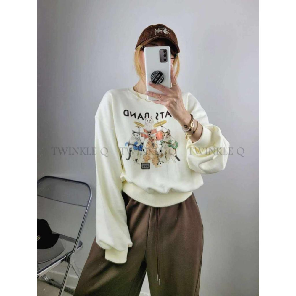 🎀TwinkleQ韓國代購-預購✈️東大門🔥南大門正韓 大學t 搖滾貓咪 圖案印花 寬鬆上衣 長袖t恤 長t 大學踢-細節圖7