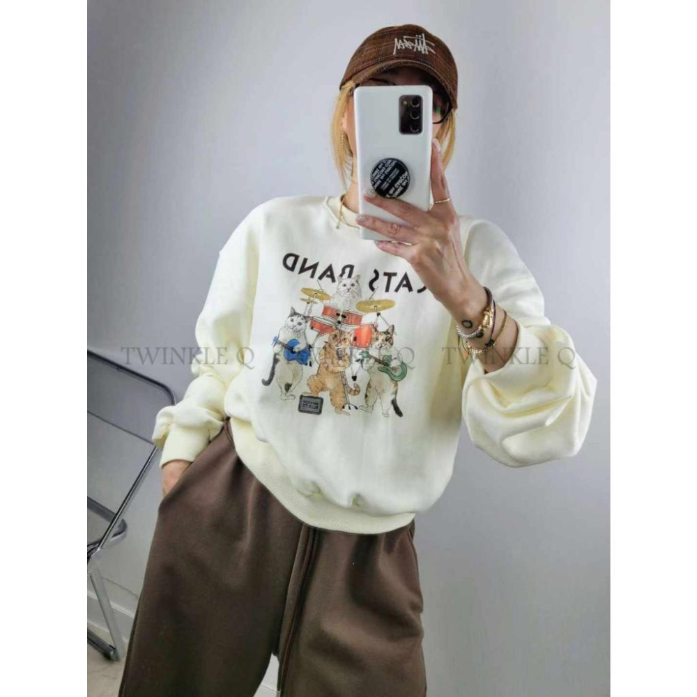 🎀TwinkleQ韓國代購-預購✈️東大門🔥南大門正韓 大學t 搖滾貓咪 圖案印花 寬鬆上衣 長袖t恤 長t 大學踢-細節圖8