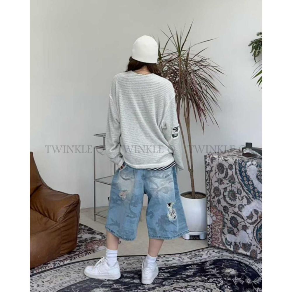 🎀TwinkleQ韓國代購-預購✈️東大門🔥南大門正韓 牛仔短褲 迷彩 割破 寬鬆短褲 休閒 牛仔褲 短褲-細節圖6