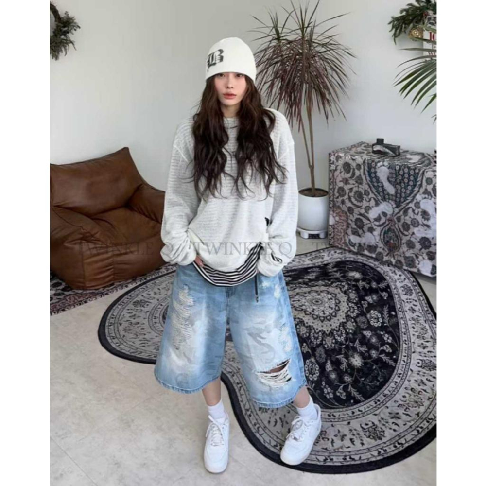 🎀TwinkleQ韓國代購-預購✈️東大門🔥南大門正韓 牛仔短褲 迷彩 割破 寬鬆短褲 休閒 牛仔褲 短褲-細節圖7