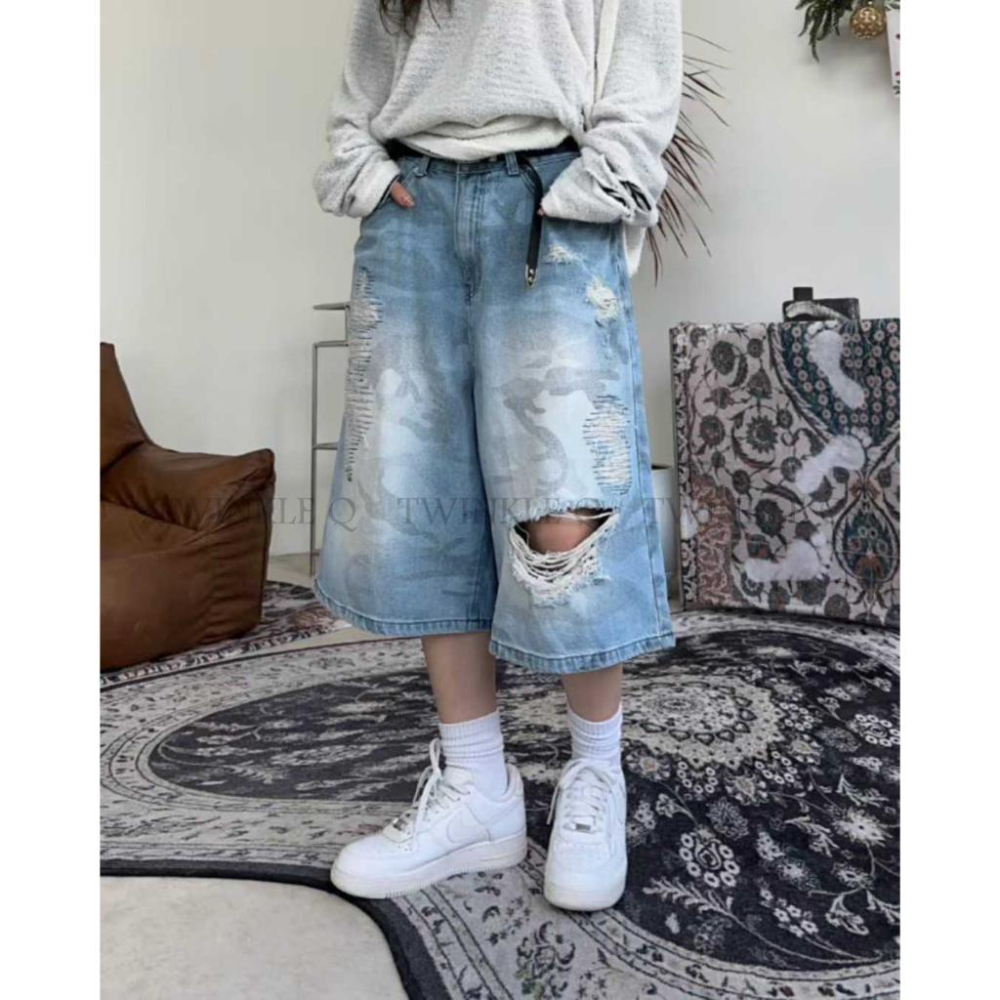 🎀TwinkleQ韓國代購-預購✈️東大門🔥南大門正韓 牛仔短褲 迷彩 割破 寬鬆短褲 休閒 牛仔褲 短褲-細節圖8