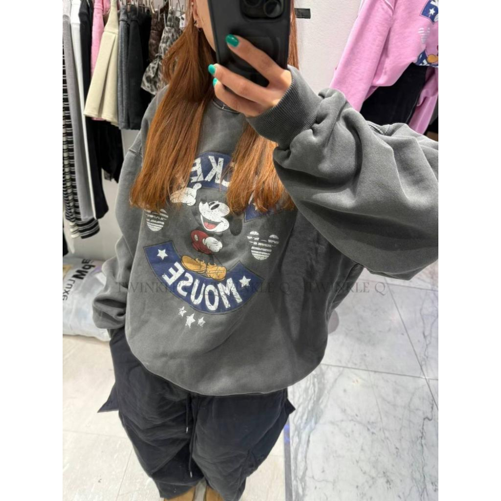 🎀Twinkle Q韓國代購-預購✈️東大門🔥南大門正韓 大學t 米奇 圖案 水洗 刷毛上衣 長袖t恤 長t 大學踢-細節圖6