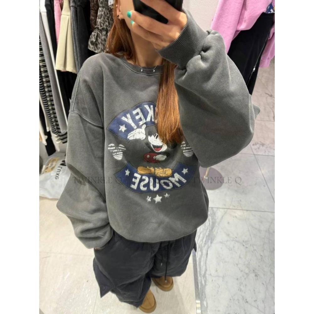 🎀Twinkle Q韓國代購-預購✈️東大門🔥南大門正韓 大學t 米奇 圖案 水洗 刷毛上衣 長袖t恤 長t 大學踢-細節圖7