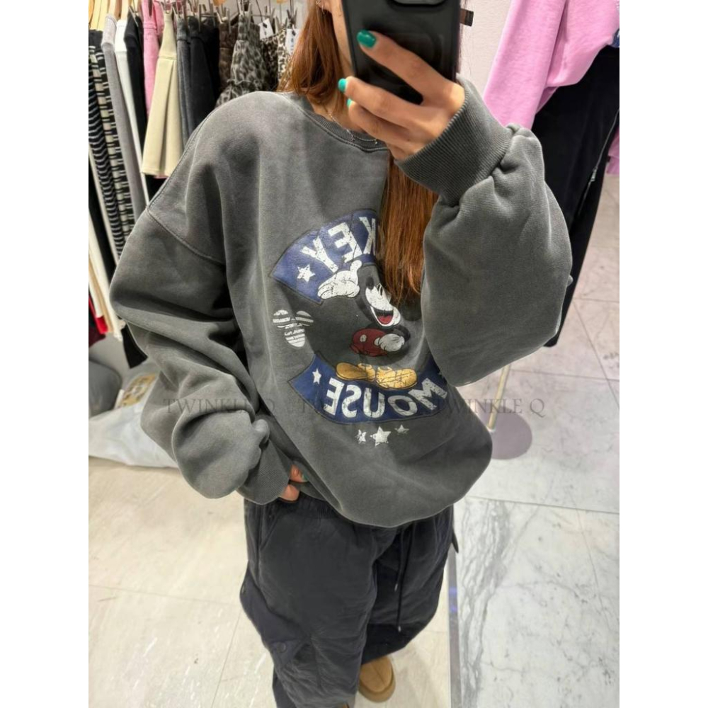 🎀Twinkle Q韓國代購-預購✈️東大門🔥南大門正韓 大學t 米奇 圖案 水洗 刷毛上衣 長袖t恤 長t 大學踢-細節圖8