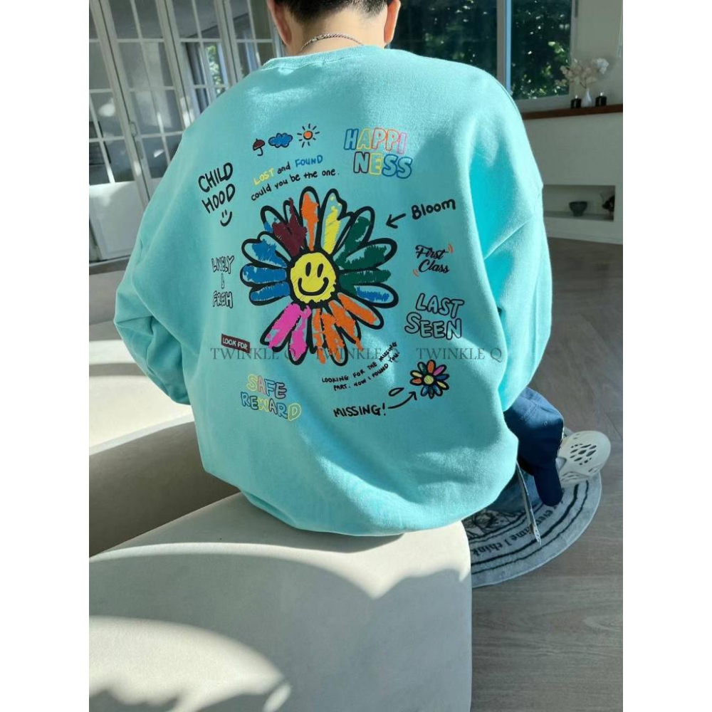 Twinkle Q韓國代購（現貨+預購）✈️東大門🔥南大門正韓 笑臉 塗鴨 印花 休閒上衣 大學t 長袖t恤 男女 中性-細節圖2