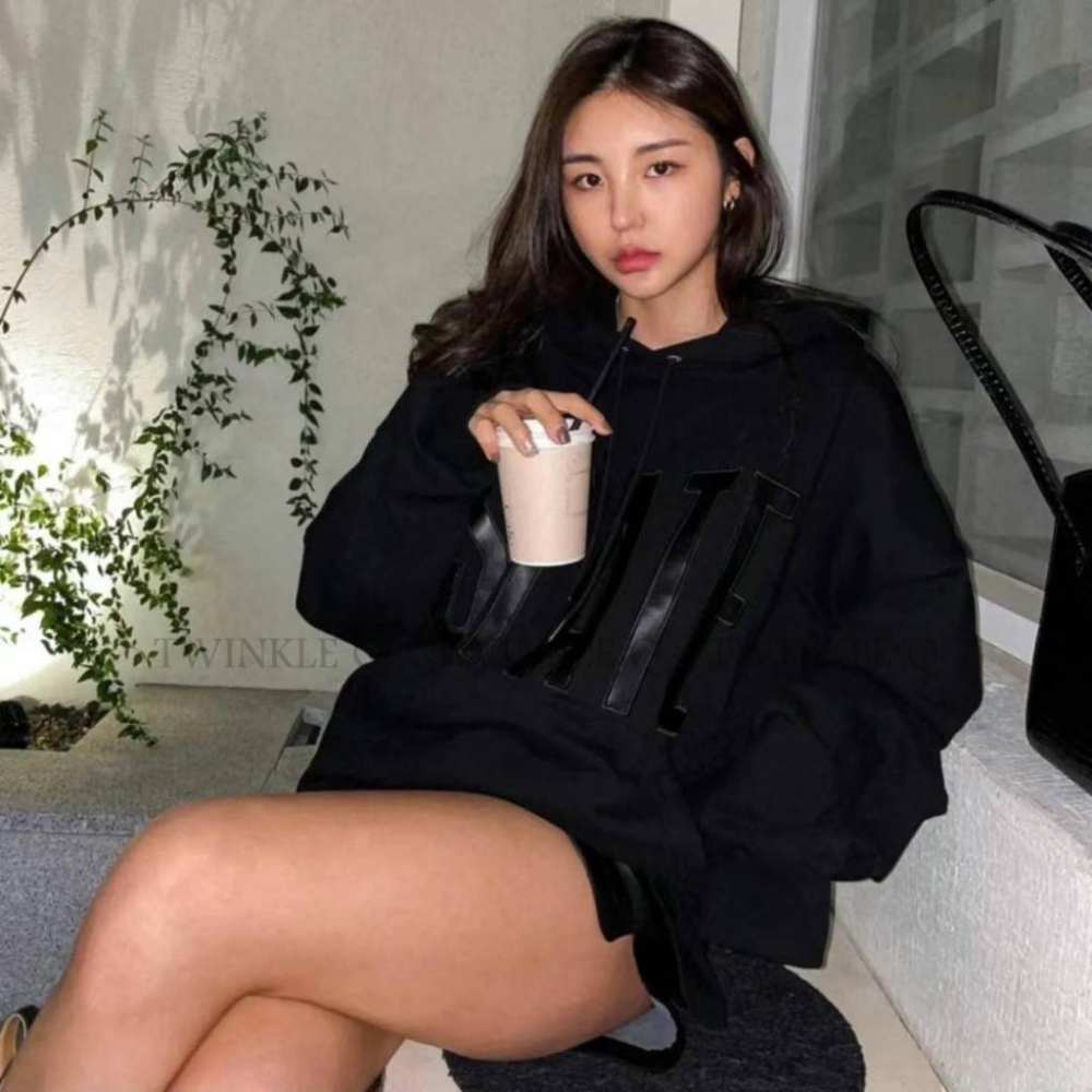 🎀Twinkle Q韓國代購-預購✈️東大門🔥南大門正韓 連帽t恤 大字母 簡約 百搭 連帽上衣 長t 帽t 男女中性-細節圖5