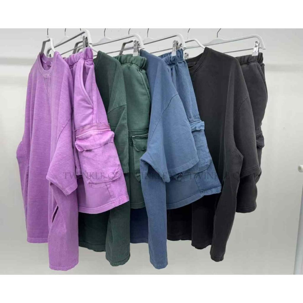 🎀Twinkle Q韓國代購-預購✈️東大門🔥南大門正韓 休閒套裝 素色 百搭 水洗t恤 工裝短褲 口袋 運動套裝 中性-細節圖7