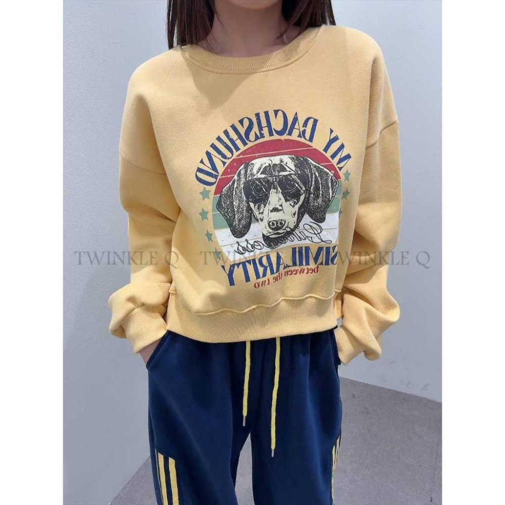 🎀TwinkleQ韓國代購BUY好物-預購✈️正韓🇰🇷 大學t 狗狗 印花 刷毛 休閒上衣 長袖t恤 寬鬆 大學踢-細節圖3