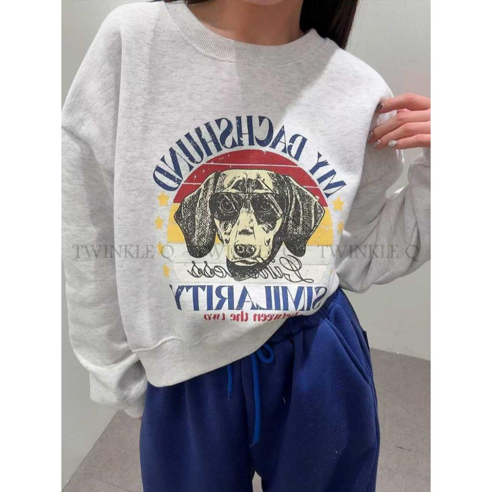 🎀TwinkleQ韓國代購BUY好物-預購✈️正韓🇰🇷 大學t 狗狗 印花 刷毛 休閒上衣 長袖t恤 寬鬆 大學踢-細節圖4