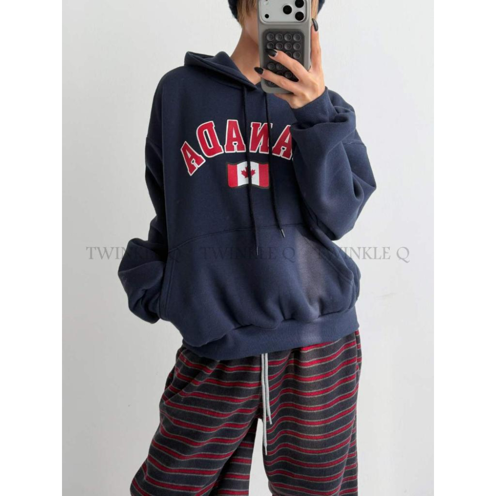 🎀TwinkleQ韓國代購BUY好物-預購✈️正韓🇰🇷 連帽t恤 加拿大 字母 刷毛 寬鬆t恤 連帽上衣 連帽衫 帽t-細節圖3