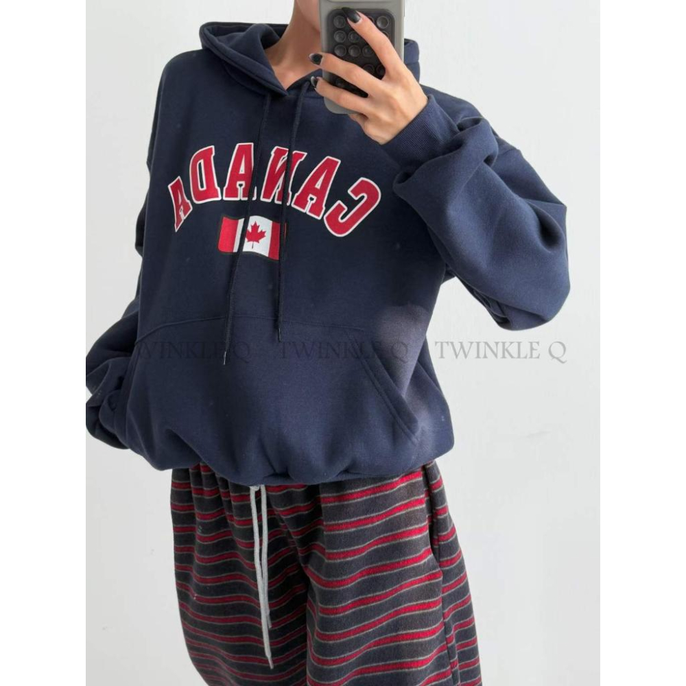 🎀TwinkleQ韓國代購BUY好物-預購✈️正韓🇰🇷 連帽t恤 加拿大 字母 刷毛 寬鬆t恤 連帽上衣 連帽衫 帽t-細節圖6