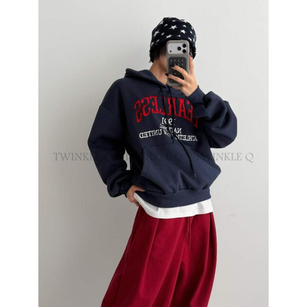 🎀TwinkleQ韓國代購BUY好物-預購✈️正韓🇰🇷連帽t恤 字母 刺繡 刷毛 連帽上衣 休閒 寬鬆 連帽衫 帽t-細節圖4