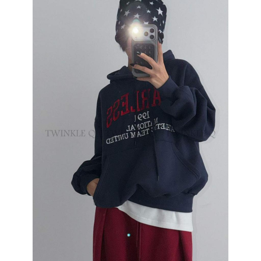 🎀TwinkleQ韓國代購BUY好物-預購✈️正韓🇰🇷連帽t恤 字母 刺繡 刷毛 連帽上衣 休閒 寬鬆 連帽衫 帽t-細節圖7