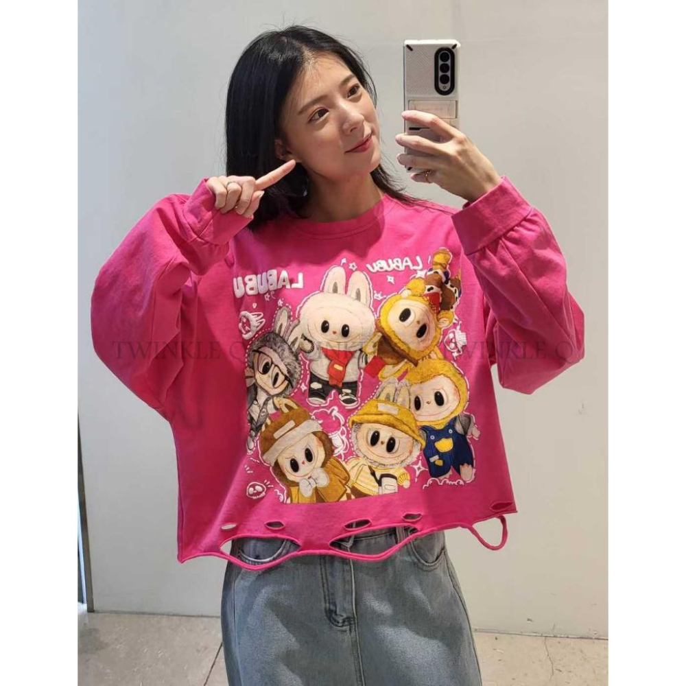 🎀TwinkleQ韓國代購BUY好物-預購✈️正韓🇰🇷 長袖上衣 拉布布 圖案 字母印花 割破 寬鬆 長袖t恤 長t-細節圖2