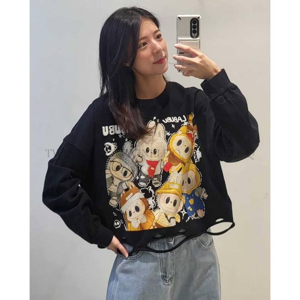 🎀TwinkleQ韓國代購BUY好物-預購✈️正韓🇰🇷 長袖上衣 拉布布 圖案 字母印花 割破 寬鬆 長袖t恤 長t-細節圖3