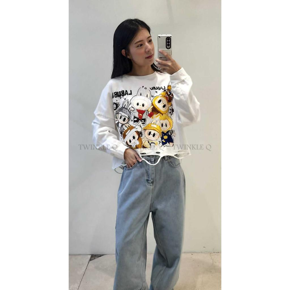 🎀TwinkleQ韓國代購BUY好物-預購✈️正韓🇰🇷 長袖上衣 拉布布 圖案 字母印花 割破 寬鬆 長袖t恤 長t-細節圖5