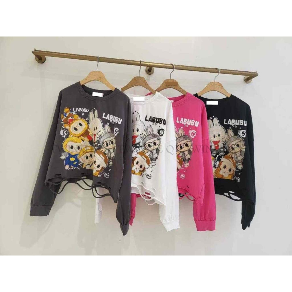 🎀TwinkleQ韓國代購BUY好物-預購✈️正韓🇰🇷 長袖上衣 拉布布 圖案 字母印花 割破 寬鬆 長袖t恤 長t-細節圖8