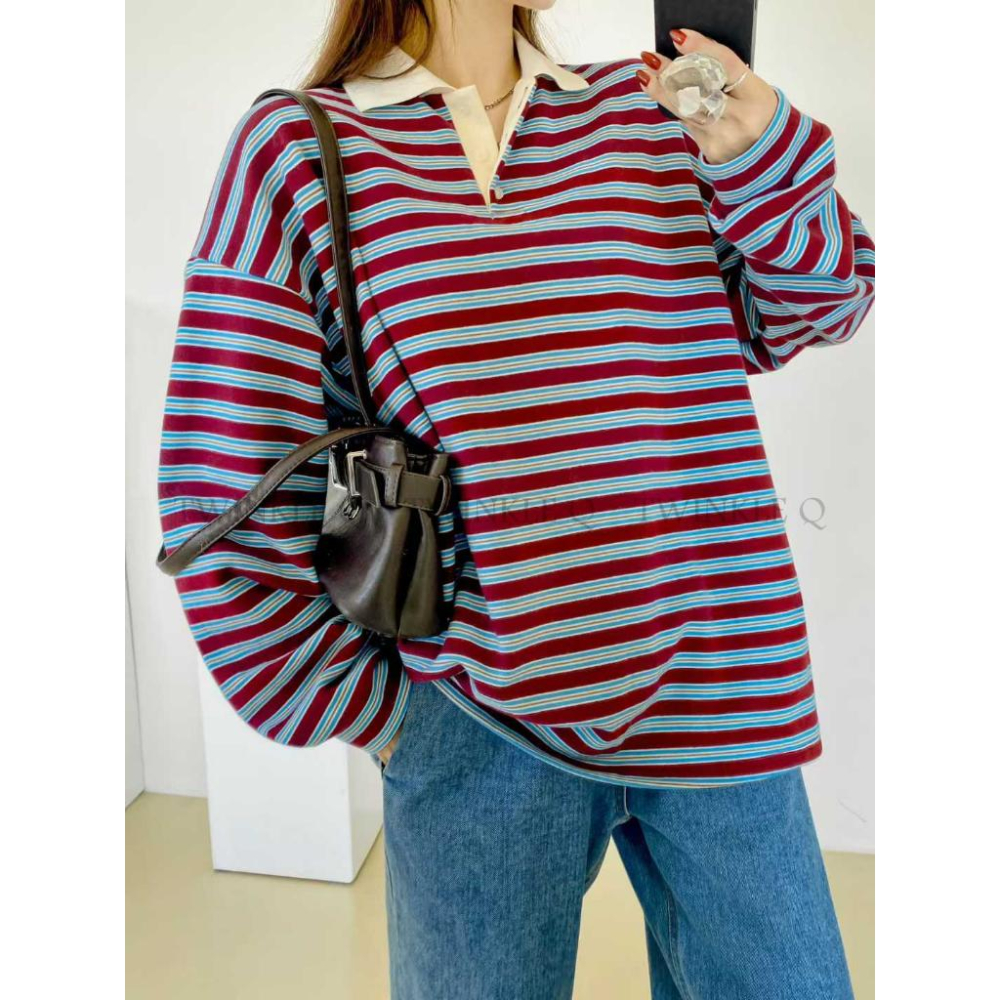🎀TwinkleQ韓國代購BUY好物-預購✈️正韓🇰🇷 長袖t恤 條紋 撞色 長袖polo衫 寬鬆 休閒 長t-細節圖2