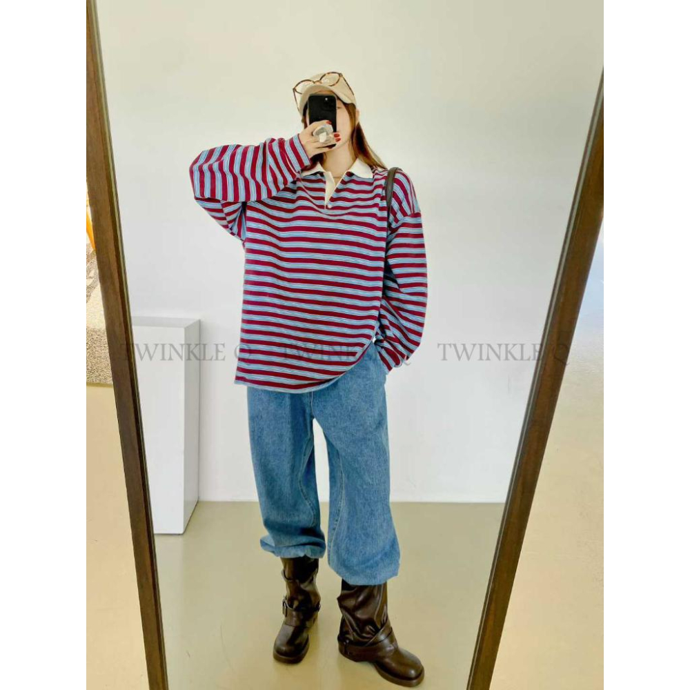 🎀TwinkleQ韓國代購BUY好物-預購✈️正韓🇰🇷 長袖t恤 條紋 撞色 長袖polo衫 寬鬆 休閒 長t-細節圖3
