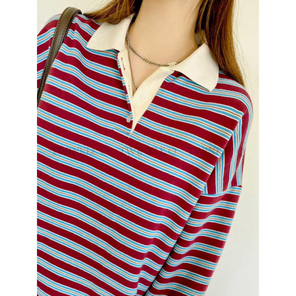 🎀TwinkleQ韓國代購BUY好物-預購✈️正韓🇰🇷 長袖t恤 條紋 撞色 長袖polo衫 寬鬆 休閒 長t-細節圖4