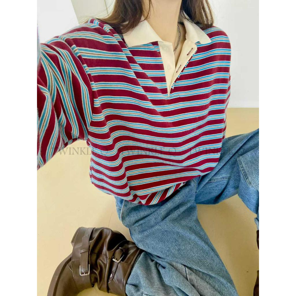 🎀TwinkleQ韓國代購BUY好物-預購✈️正韓🇰🇷 長袖t恤 條紋 撞色 長袖polo衫 寬鬆 休閒 長t-細節圖5