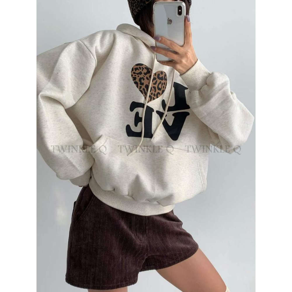 🎀TwinkleQ韓國代購BUY好物-預購✈️正韓🇰🇷 連帽t恤 愛心 豹紋 寬鬆 連帽上衣 長袖t恤 連帽衫 帽t-細節圖3
