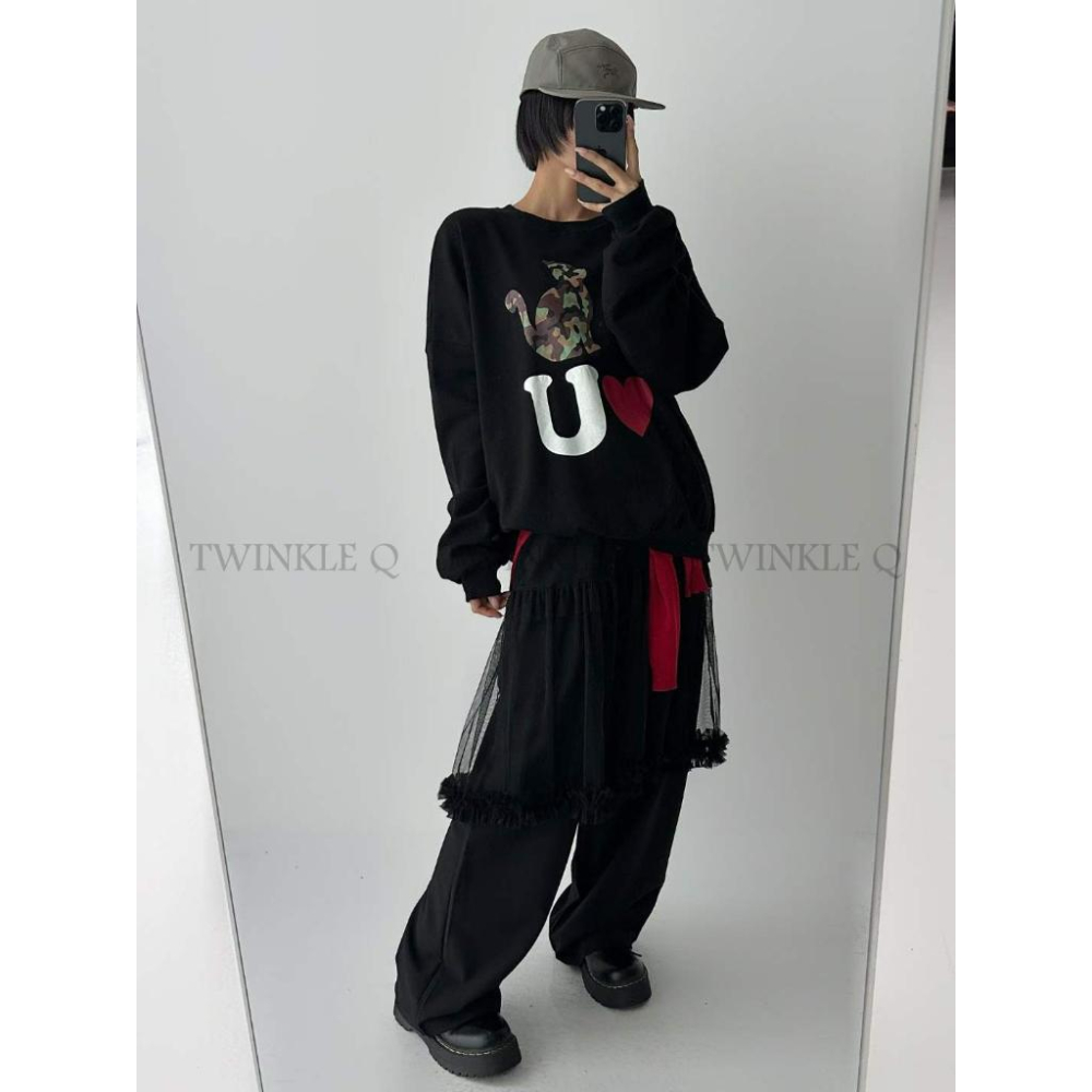 🎀TwinkleQ韓國代購BUY好物-預購✈️正韓🇰🇷 大學t 迷彩貓咪 字母 愛心 休閒上衣 寬鬆 長袖上衣 大學踢-細節圖4