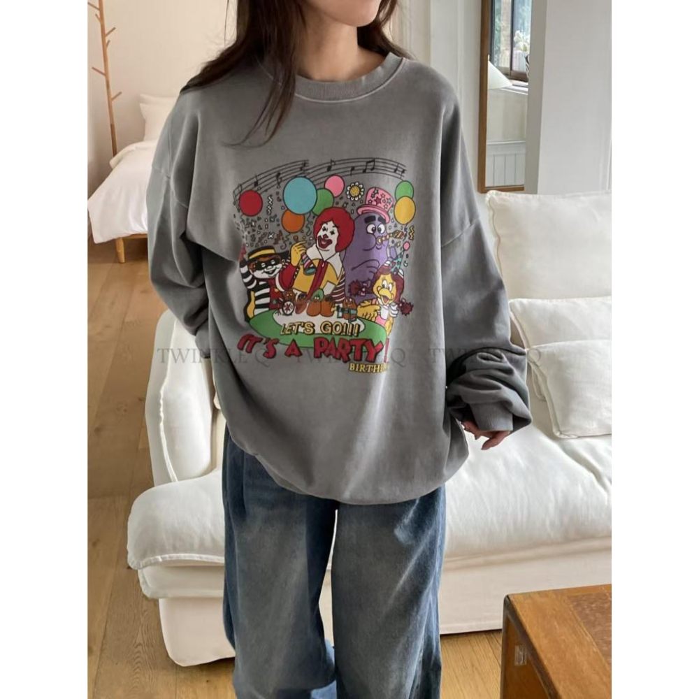 🎀TwinkleQ韓國代購BUY好物-預購✈️正韓🇰🇷 大學t 麥當當 派對 圖案印花 水洗t 寬鬆上衣 休閒 男女中性-細節圖4