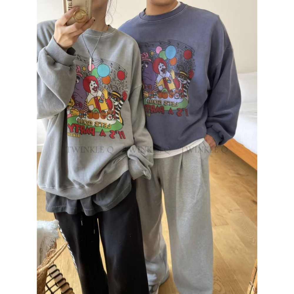 🎀TwinkleQ韓國代購BUY好物-預購✈️正韓🇰🇷 大學t 麥當當 派對 圖案印花 水洗t 寬鬆上衣 休閒 男女中性-細節圖5