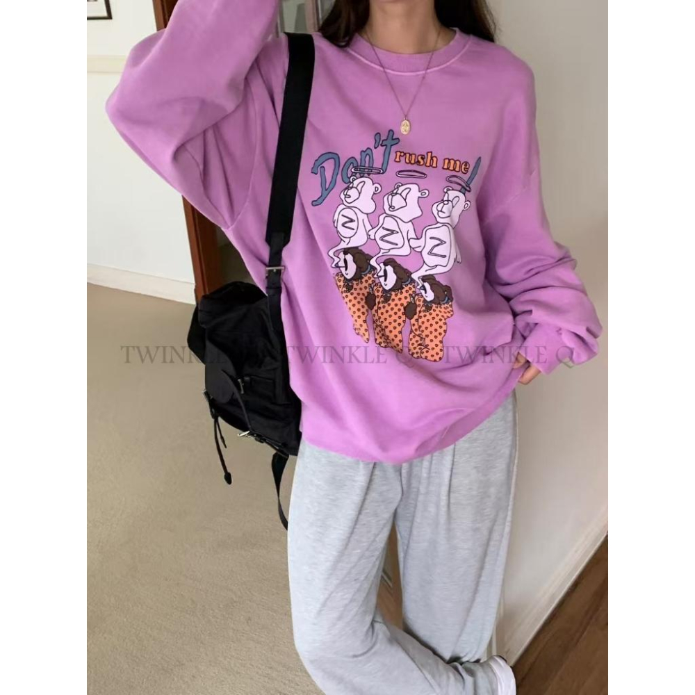 🎀TwinkleQ韓國代購BUY好物-預購✈️正韓🇰🇷 大學t 熊熊 卡通圖案 長袖t恤 水洗t 寬鬆 印花 大學踢-細節圖3