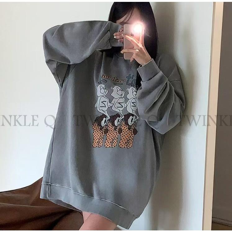 🎀TwinkleQ韓國代購BUY好物-預購✈️正韓🇰🇷 大學t 熊熊 卡通圖案 長袖t恤 水洗t 寬鬆 印花 大學踢-細節圖5