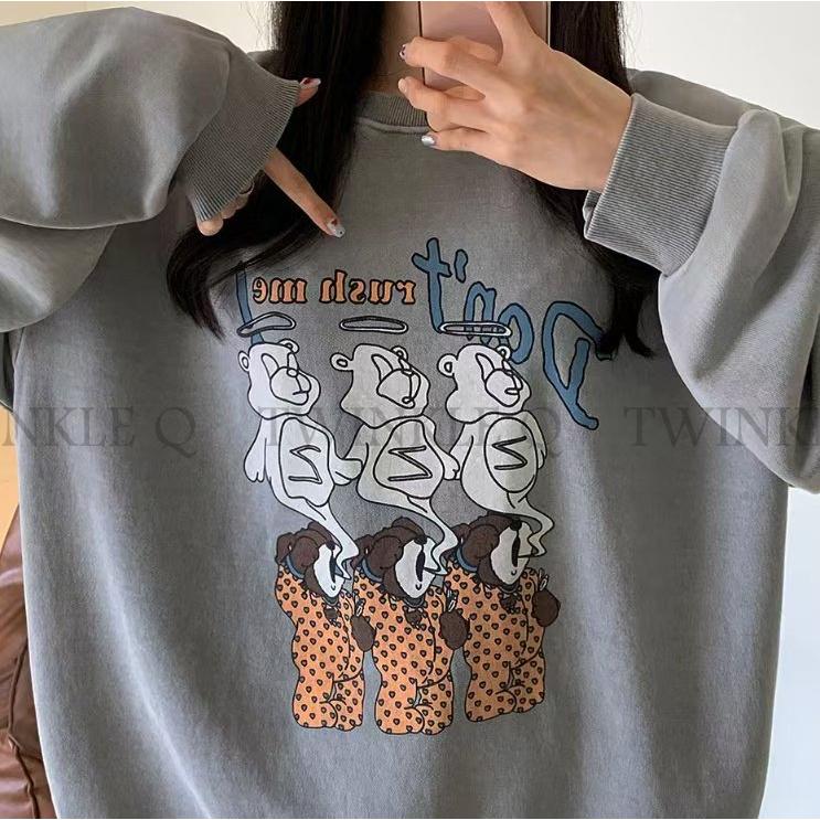 🎀TwinkleQ韓國代購BUY好物-預購✈️正韓🇰🇷 大學t 熊熊 卡通圖案 長袖t恤 水洗t 寬鬆 印花 大學踢-細節圖6