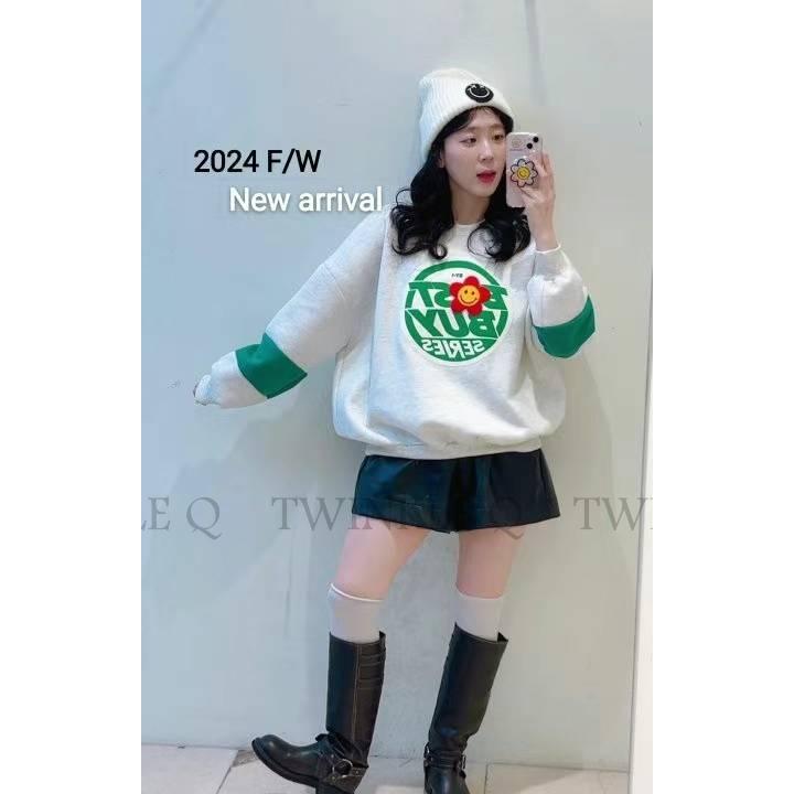 🎀 Twinkle Q韓國代購BUY好物-預購✈️正韓🇰🇷 大學t 笑臉 字母 撞色 拼接 刷毛 長袖t恤 上衣 大學踢-細節圖2