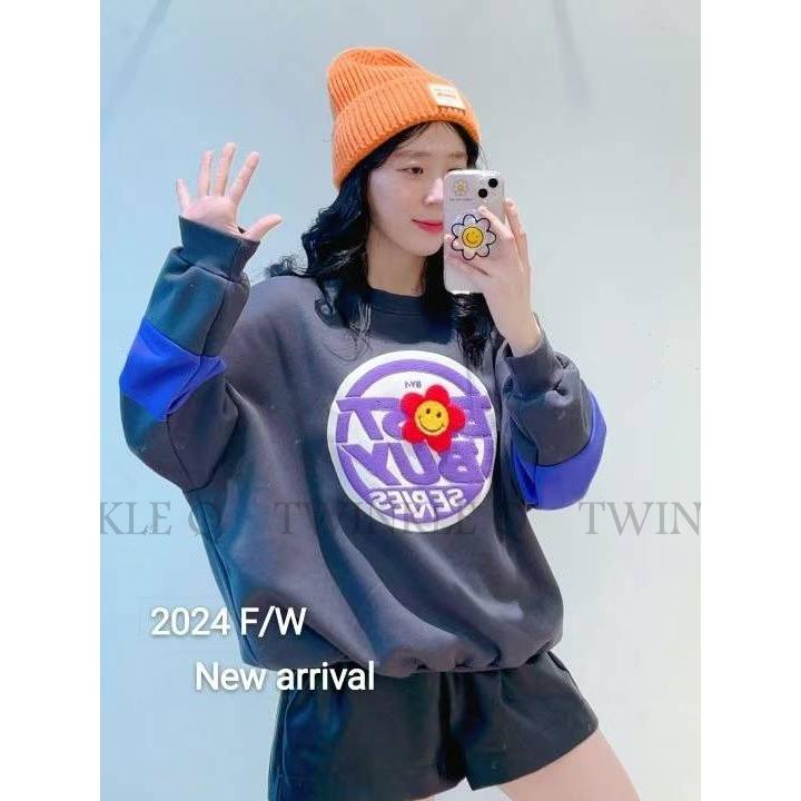 🎀 Twinkle Q韓國代購BUY好物-預購✈️正韓🇰🇷 大學t 笑臉 字母 撞色 拼接 刷毛 長袖t恤 上衣 大學踢-細節圖6