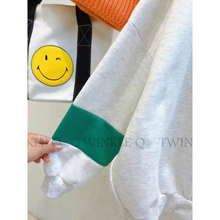 🎀 Twinkle Q韓國代購BUY好物-預購✈️正韓🇰🇷 大學t 笑臉 字母 撞色 拼接 刷毛 長袖t恤 上衣 大學踢-細節圖8