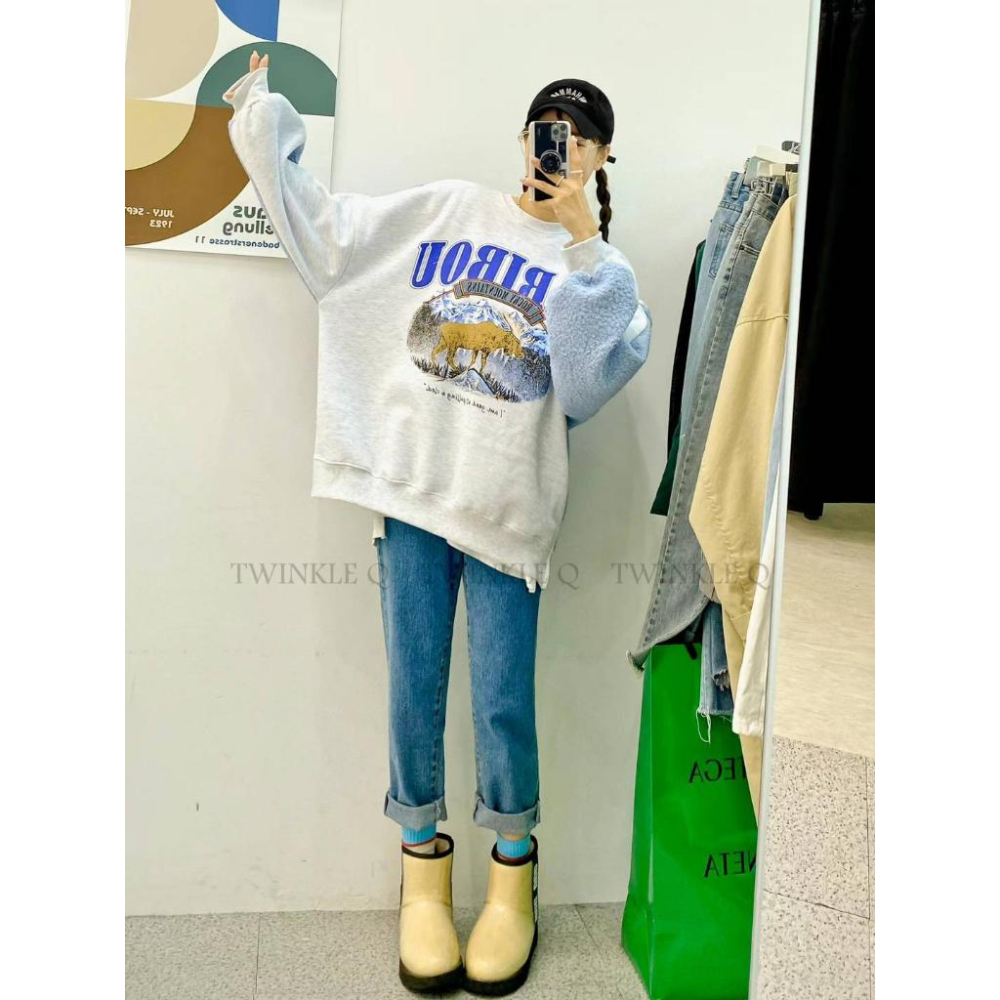 🎀 Twinkle Q韓國代購BUY好物-預購✈️正韓🇰🇷 大學t 圖案印花 異材質 刷毛 拼色 休閒上衣 長t 大學踢-細節圖2