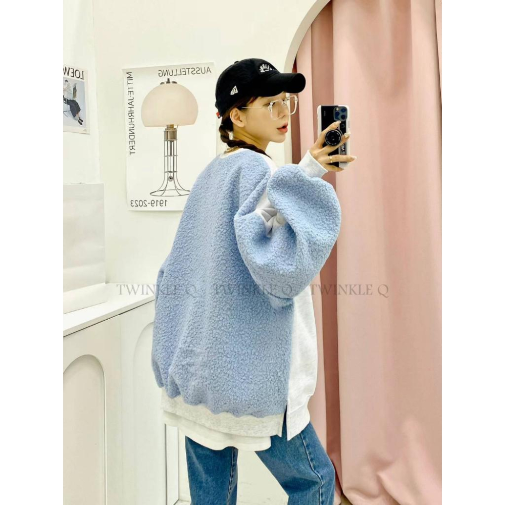 🎀 Twinkle Q韓國代購BUY好物-預購✈️正韓🇰🇷 大學t 圖案印花 異材質 刷毛 拼色 休閒上衣 長t 大學踢-細節圖3