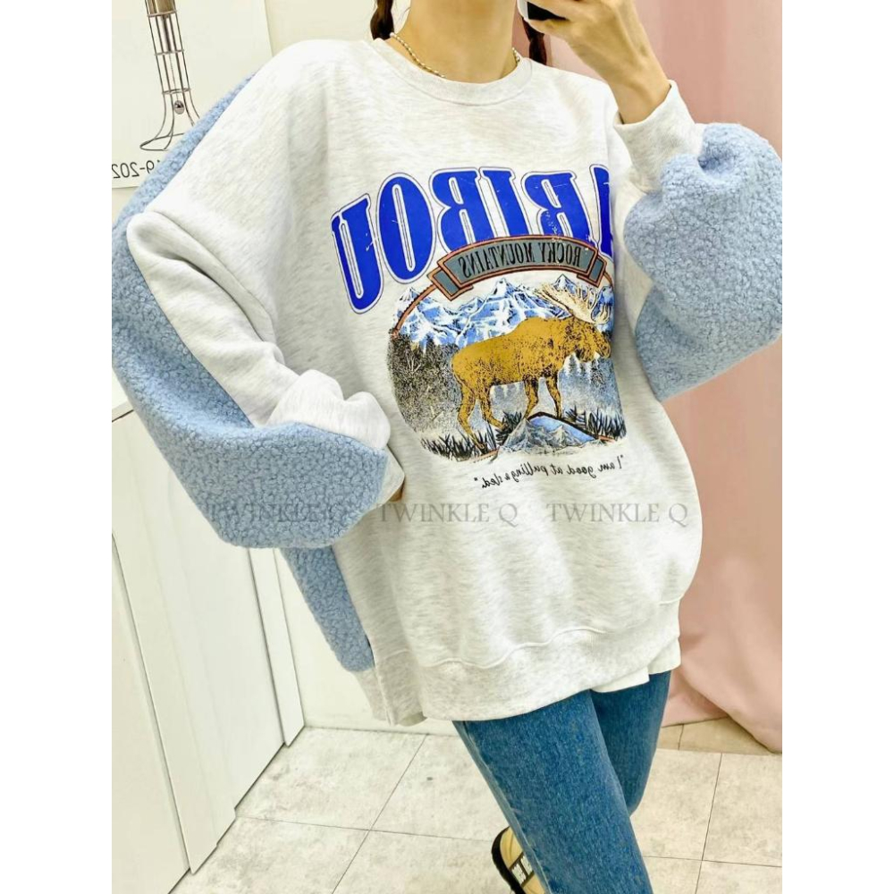 🎀 Twinkle Q韓國代購BUY好物-預購✈️正韓🇰🇷 大學t 圖案印花 異材質 刷毛 拼色 休閒上衣 長t 大學踢-細節圖4