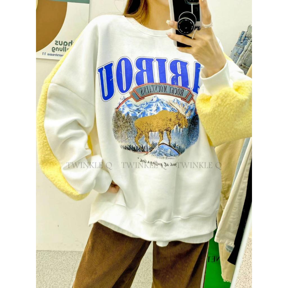 🎀 Twinkle Q韓國代購BUY好物-預購✈️正韓🇰🇷 大學t 圖案印花 異材質 刷毛 拼色 休閒上衣 長t 大學踢-細節圖7