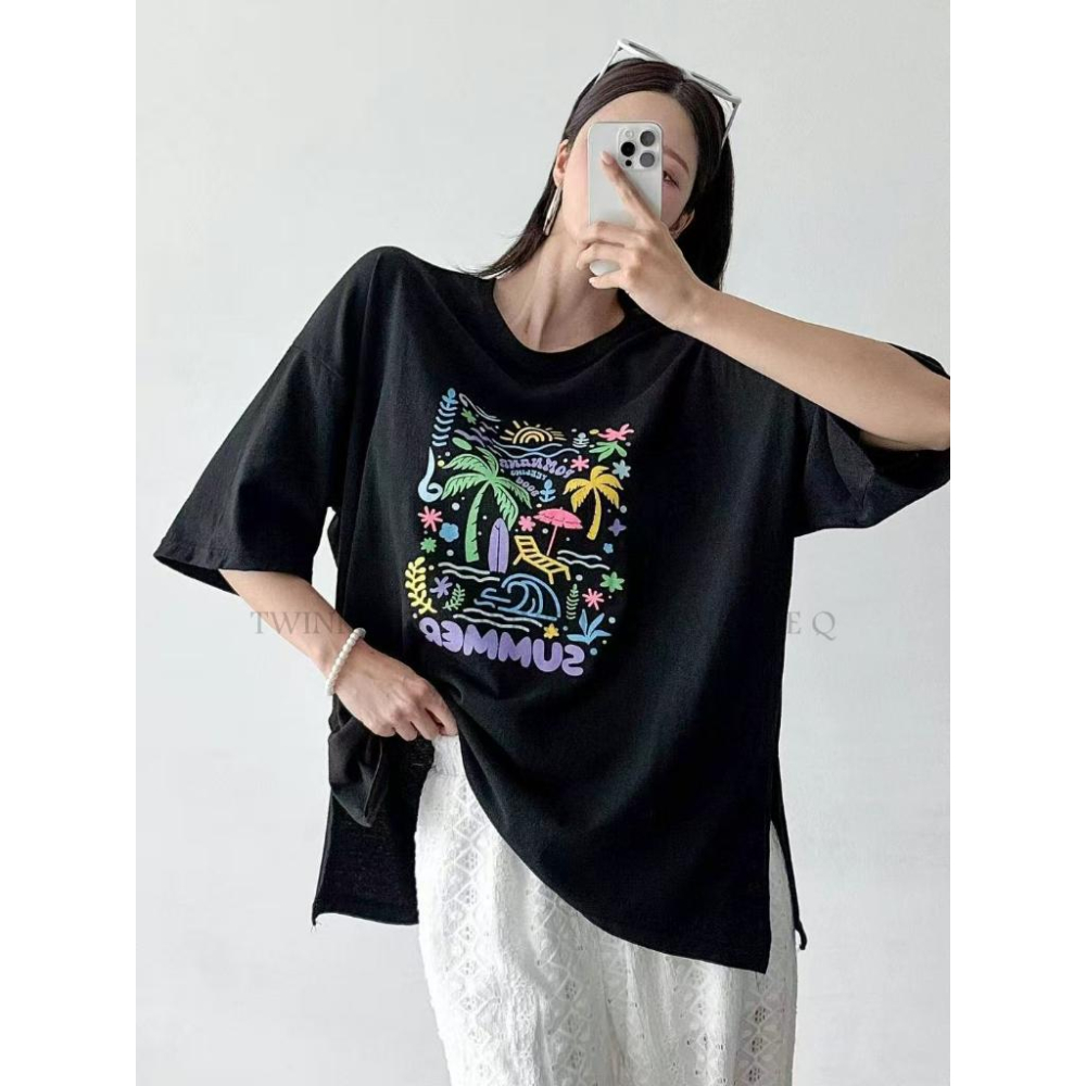 🎀TwinkleQ韓國代購BUY好物-預購✈️正韓🇰🇷 短袖t恤 彩色繪畫 海邊 圖案印花 休閒 寬鬆 短袖上衣 短t-細節圖2