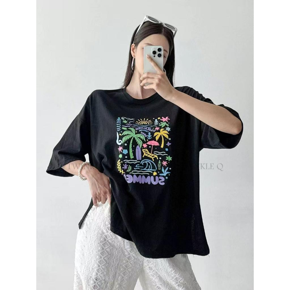 🎀TwinkleQ韓國代購BUY好物-預購✈️正韓🇰🇷 短袖t恤 彩色繪畫 海邊 圖案印花 休閒 寬鬆 短袖上衣 短t-細節圖5