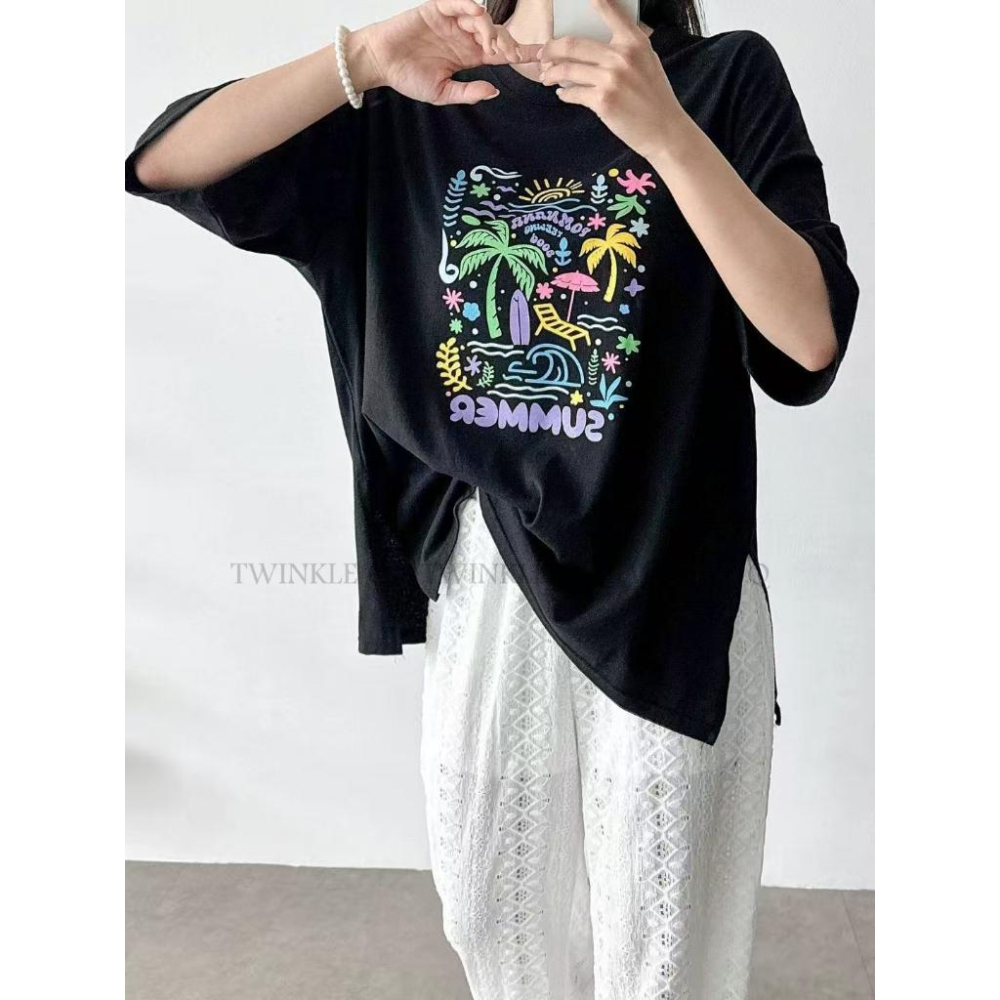 🎀TwinkleQ韓國代購BUY好物-預購✈️正韓🇰🇷 短袖t恤 彩色繪畫 海邊 圖案印花 休閒 寬鬆 短袖上衣 短t-細節圖6