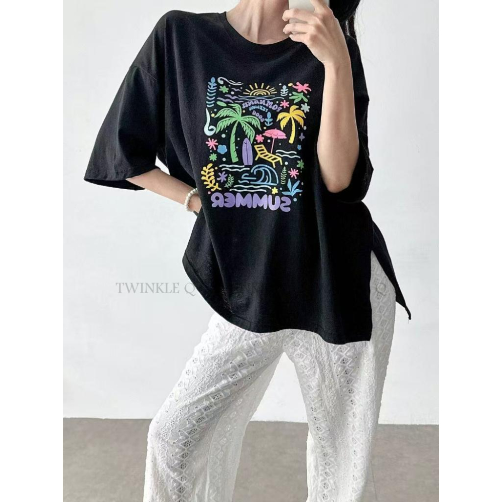 🎀TwinkleQ韓國代購BUY好物-預購✈️正韓🇰🇷 短袖t恤 彩色繪畫 海邊 圖案印花 休閒 寬鬆 短袖上衣 短t-細節圖7