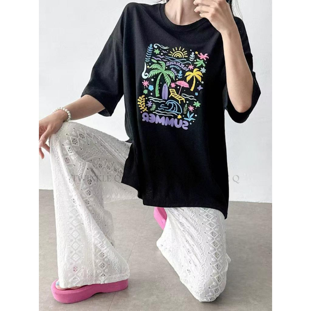 🎀TwinkleQ韓國代購BUY好物-預購✈️正韓🇰🇷 短袖t恤 彩色繪畫 海邊 圖案印花 休閒 寬鬆 短袖上衣 短t-細節圖8