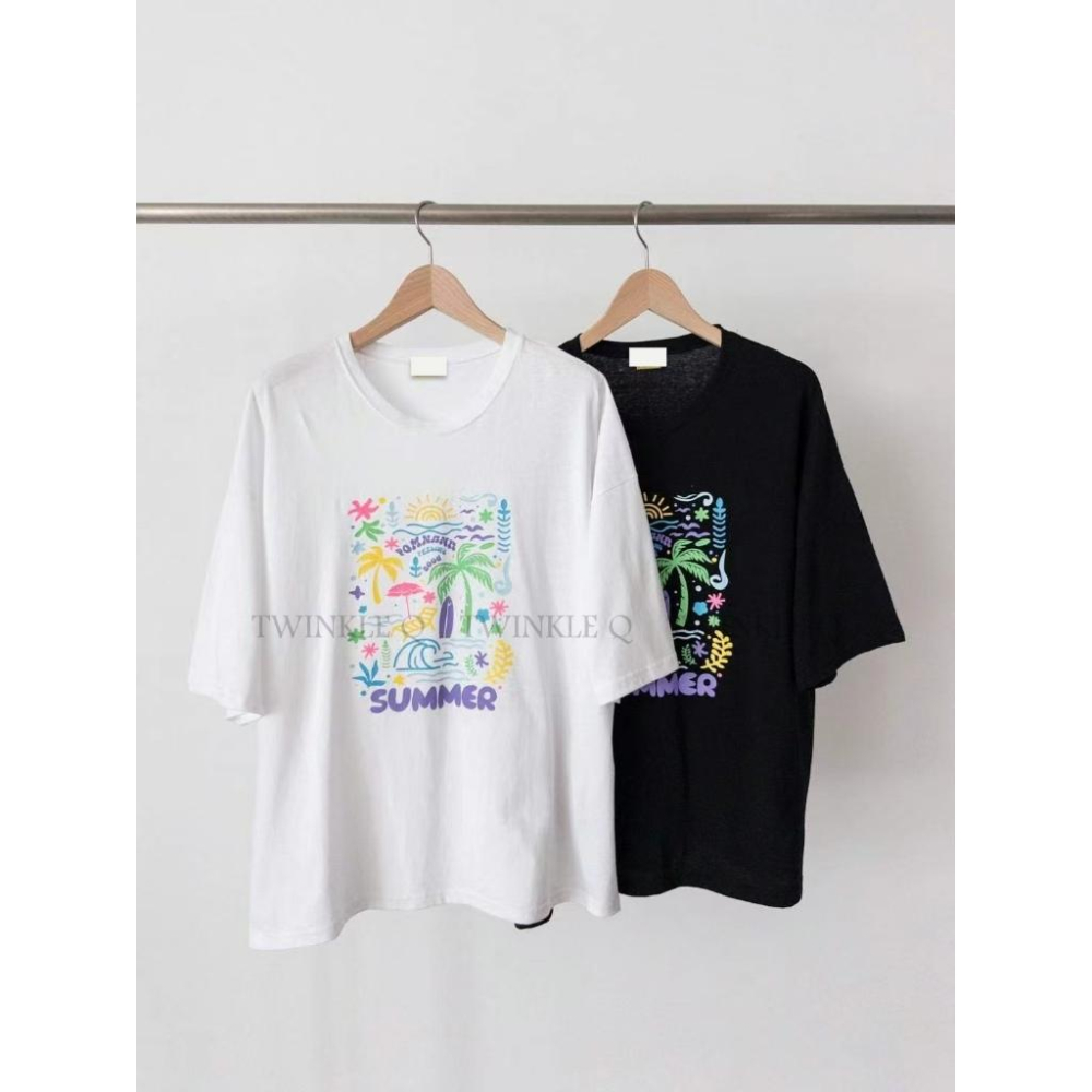 🎀TwinkleQ韓國代購BUY好物-預購✈️正韓🇰🇷 短袖t恤 彩色繪畫 海邊 圖案印花 休閒 寬鬆 短袖上衣 短t-細節圖9
