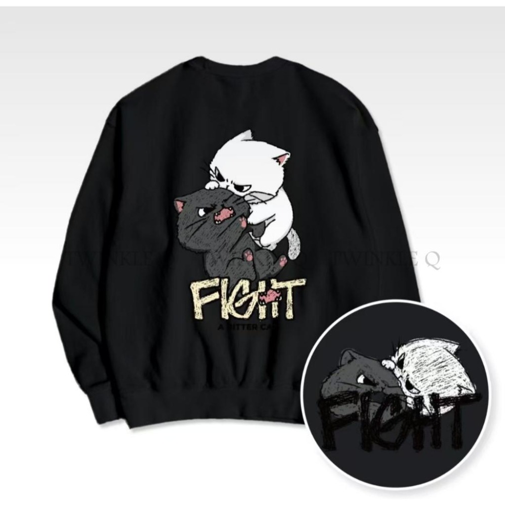 🎀TwinkleQ韓國代購-預購✈️東大門🔥南大門正韓 大學t 男女中性 貓咪吵架 圖案印花 長袖上衣 長t 大學踢-細節圖3