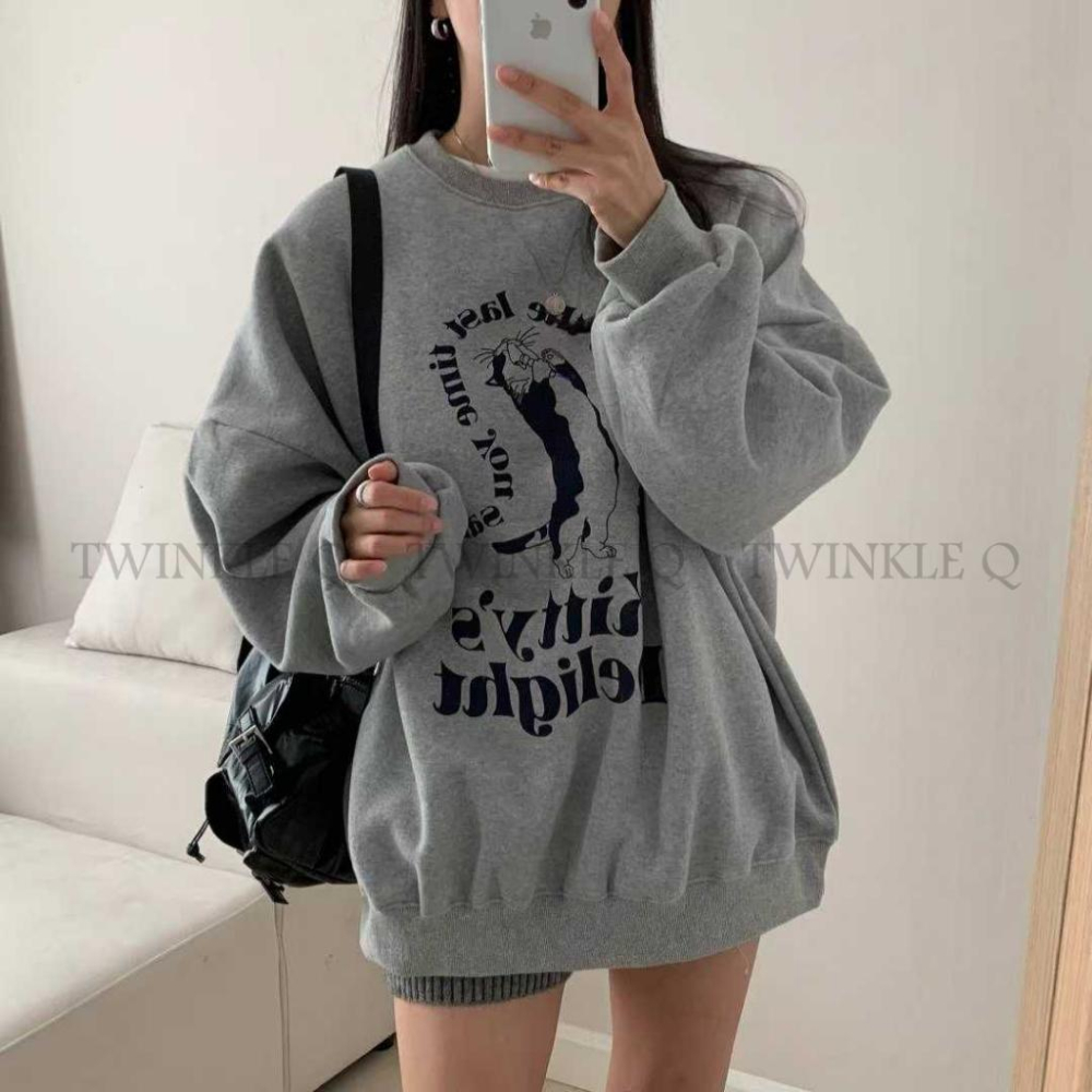 🎀TwinkleQ韓國代購-預購✈️東大門🔥南大門正韓 大學t 貓咪 字母印花 拉絨 韓國t恤 休閒上衣 長t 大學踢-細節圖7