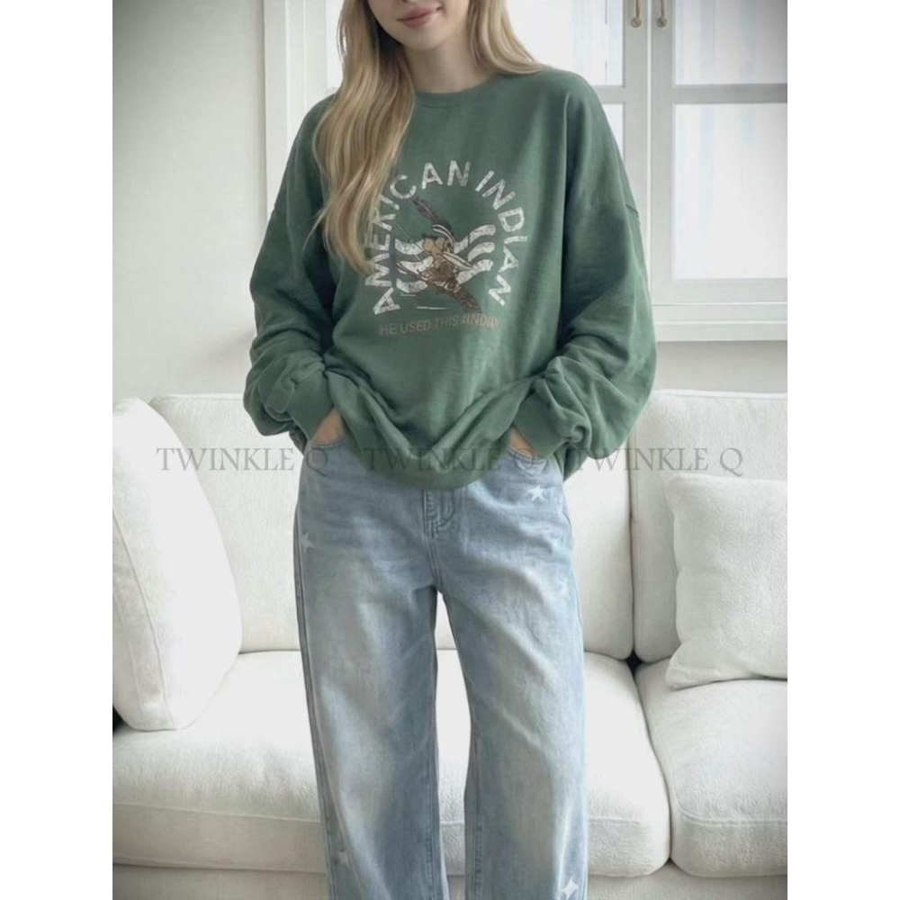 🎀TwinkleQ韓國代購BUY好物-預購✈️正韓🇰🇷 大學t 印第安 圖案印花 寬鬆版型衛衣 長袖上衣 長t 大學踢-細節圖2